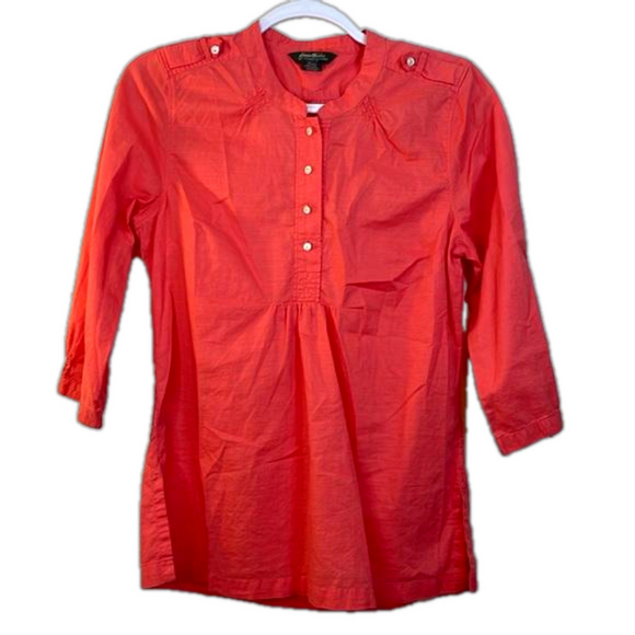 EDDIE BAUER Orange 3/4 Sleeve Popover Henley Collar Cotton Shirt Size Small - Picture 1 of 9